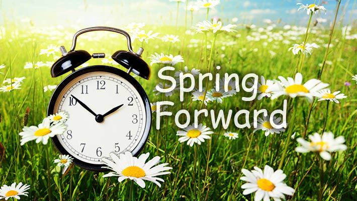 Spring Forward. An alarm clock in a field of flowers